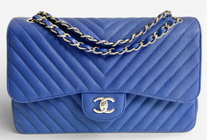 Chanel 2019 Caviar Royal Blue Jumbo Chevron Double Flap Timeless Classic Bag SHW