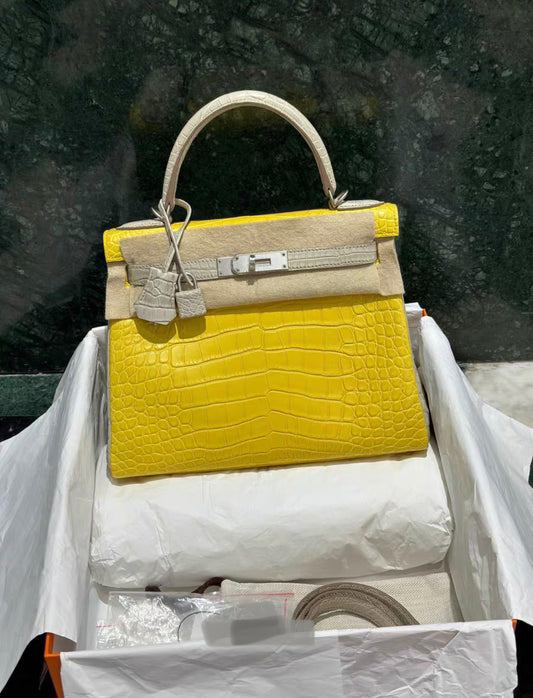 Hermes Kelly 28 Yellow Matte Alligator with Brushed Palladium Hardware