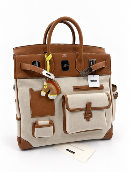 Hermes Birkin HAC 40 Cargo in canvas gold-brown leather palladium hardware