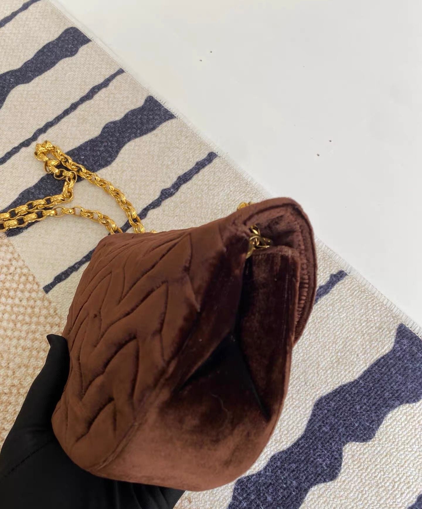 Chanel Vintage Flap Bag in Brow Velvet and Gold Hardware