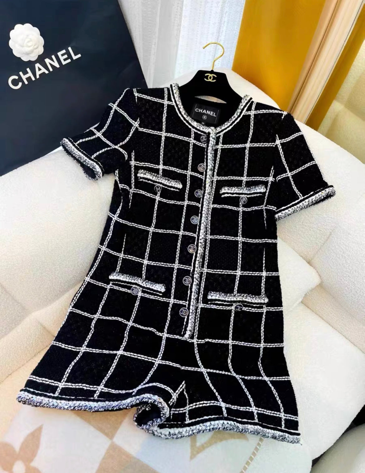 Chanel SS20 Tweed Checkered Playsuit with CC Logo Buttons size 40