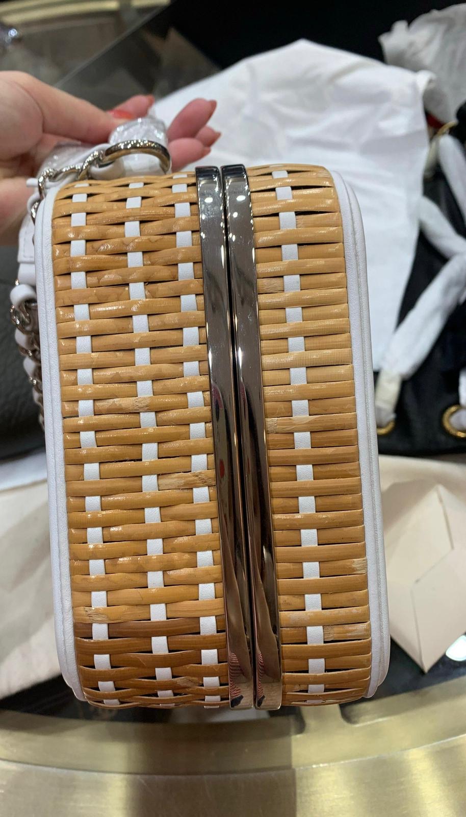 Chanel Vanity Case Beige & White, Rattan, Patent Calfskin & Silver-Tone Metal