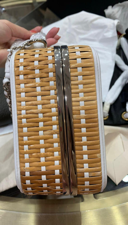 Chanel Vanity Case Beige & White, Rattan, Patent Calfskin & Silver-Tone Metal