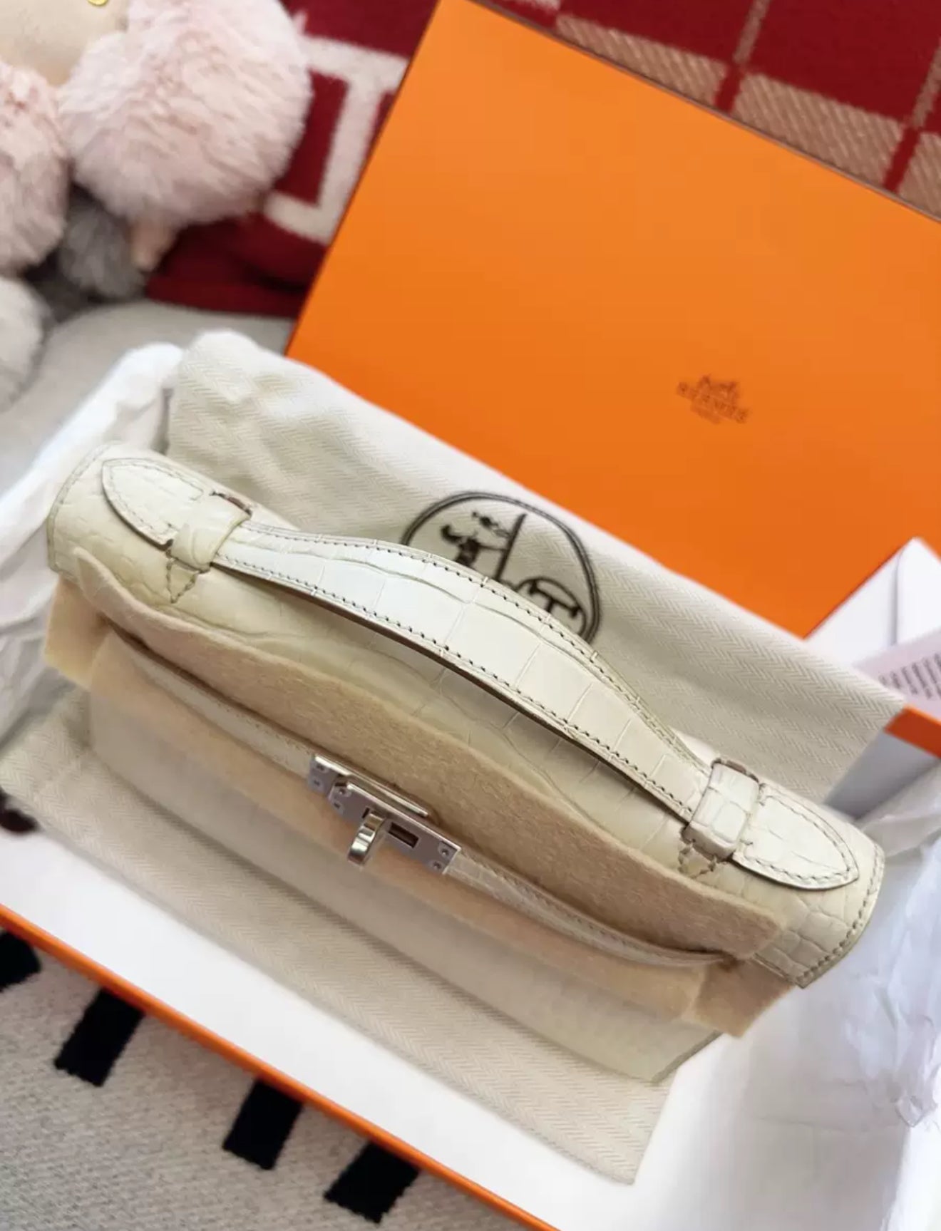 Hermes Kelly Pochette White Matte Crocodile Leather Palladium