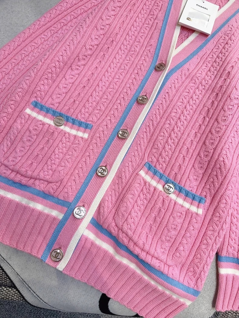 Chanel 23P Pink and Blue/White Knit Cardigan