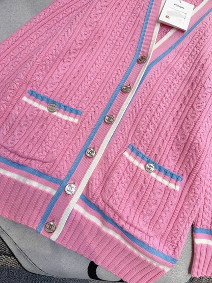 Chanel 23P Pink and Blue/White Knit Cardigan