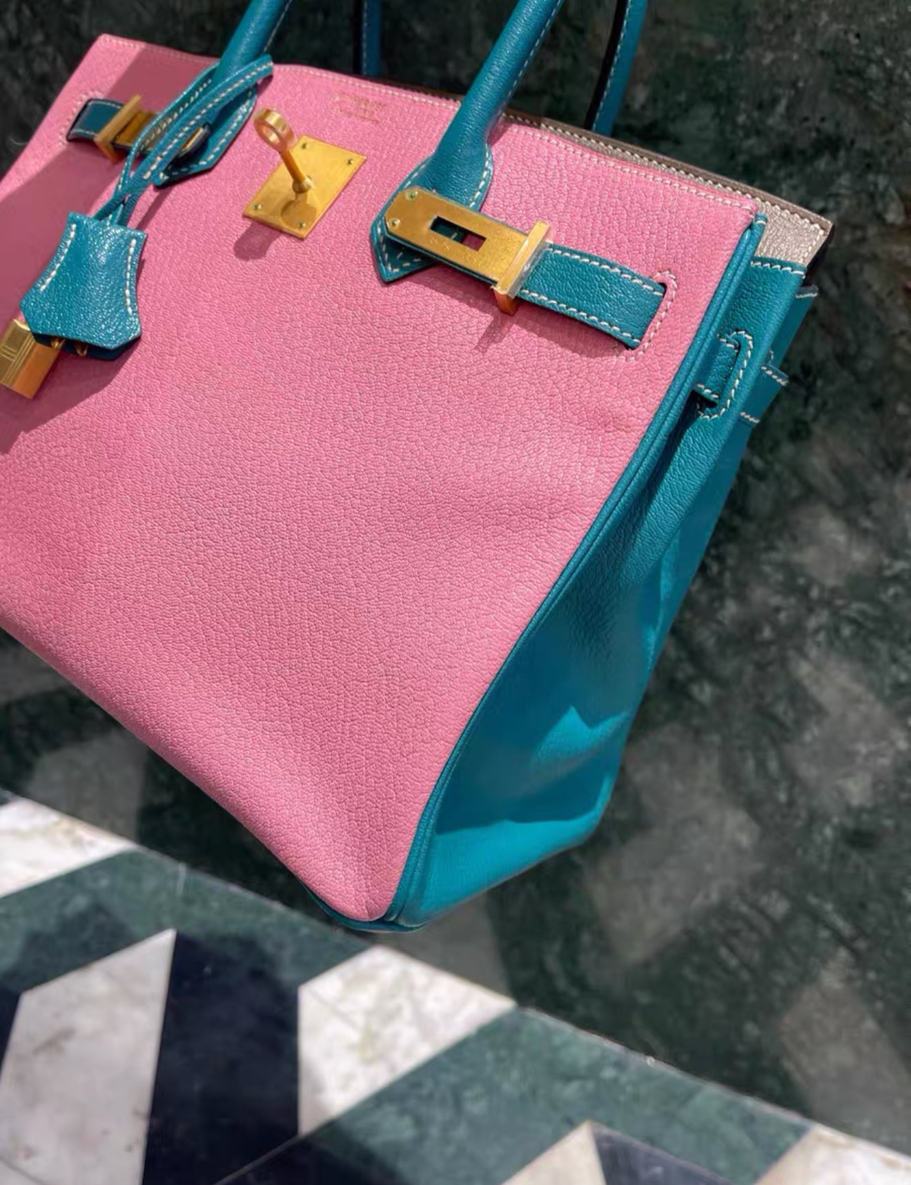 HSS Hermes Birkin 30 Rose Confetti/Etoupe/Turquoise Chevre Leather With Brushed Gold Hardware