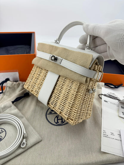 Hermès Mini Kelly 20 “Picnic” White Swift Leather & Palladium Hardware
