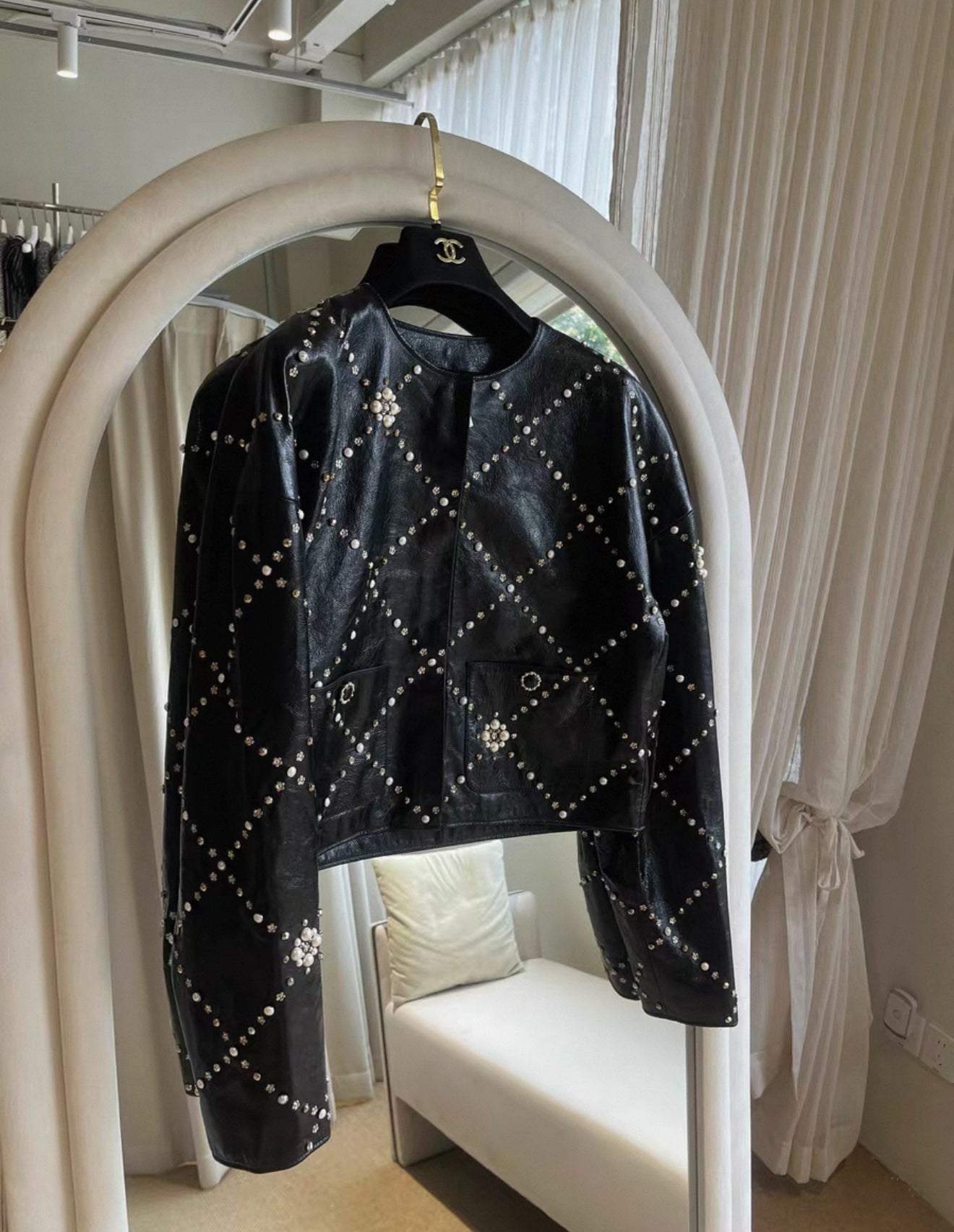 Chanel 21A black leather Jacket with Pearls & Rhinestones