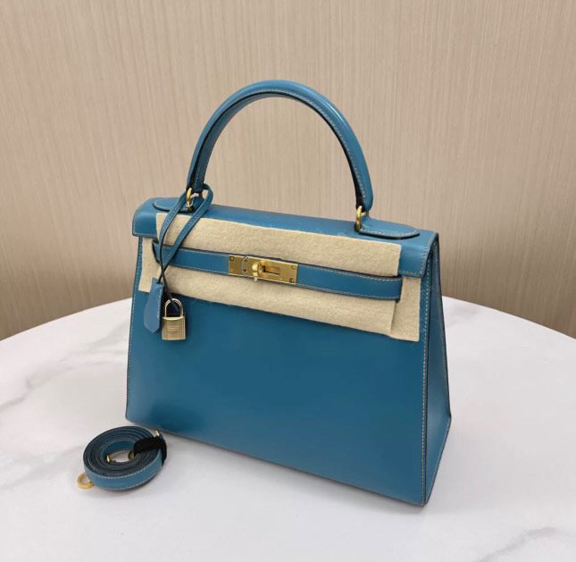 Hermès Kelly Sellier 28 Blue Box Palladium Hardware