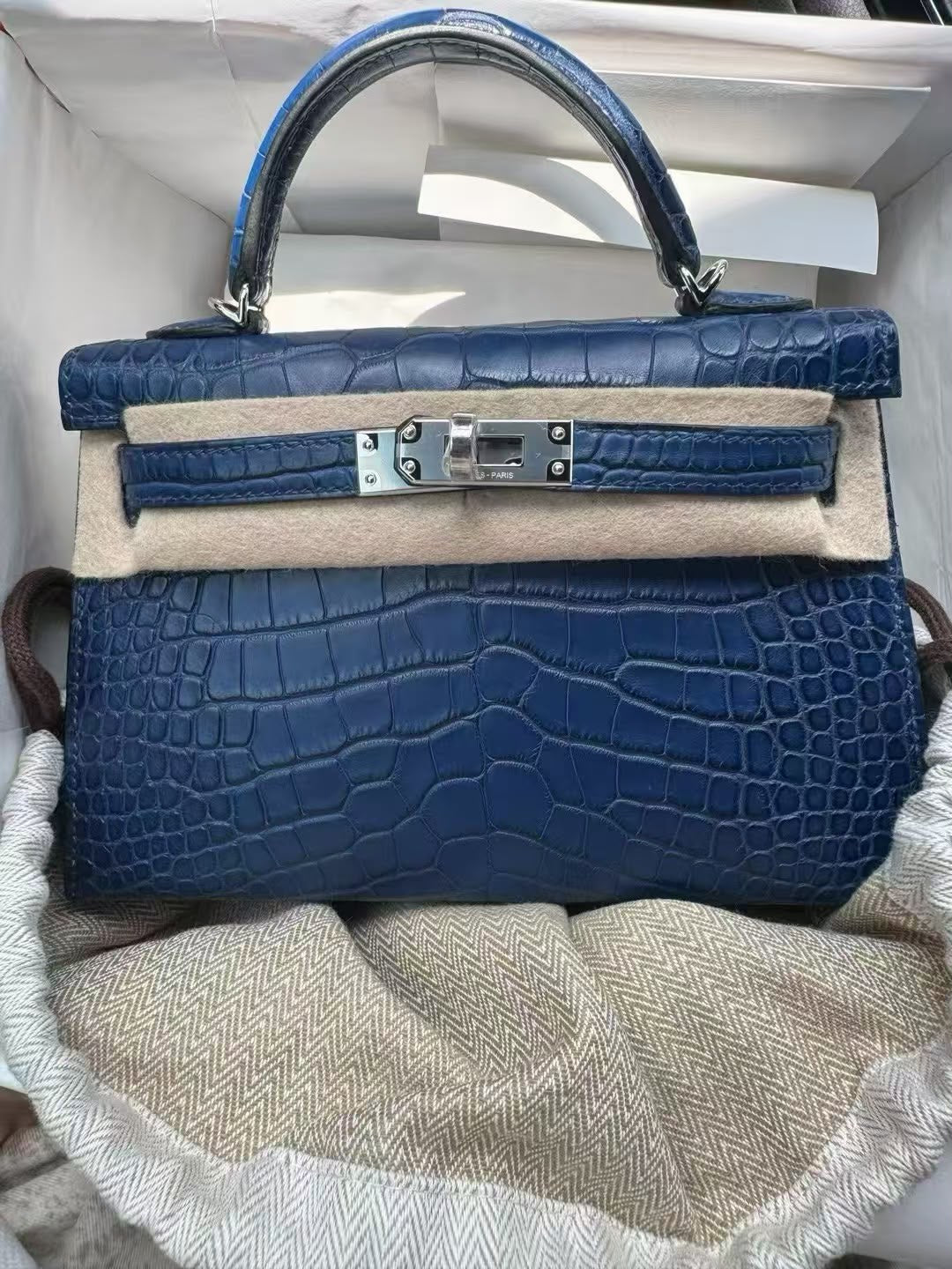 Hermes mini Kelly 20 Blue Sapphire Matte Alligator leather palladium hardware
