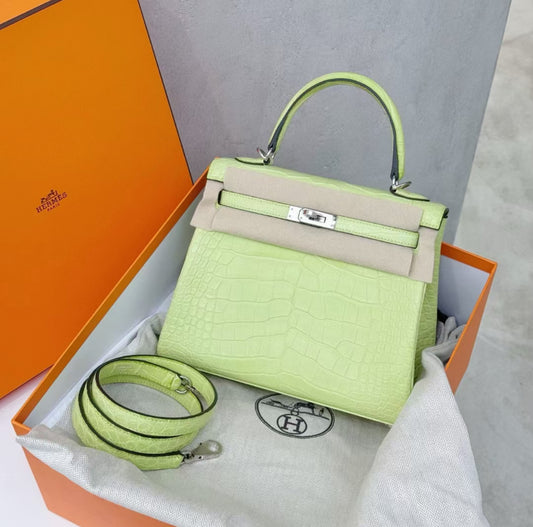 Hermes Kelly 25 Jaune Bourgeon Matte Crocodile Leather Palladium Hardware