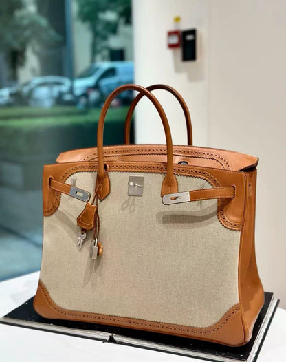 Rare Hermès Birkin 40 Toile H and Lace Ghillies Gold saddle leather Palladium Hardware