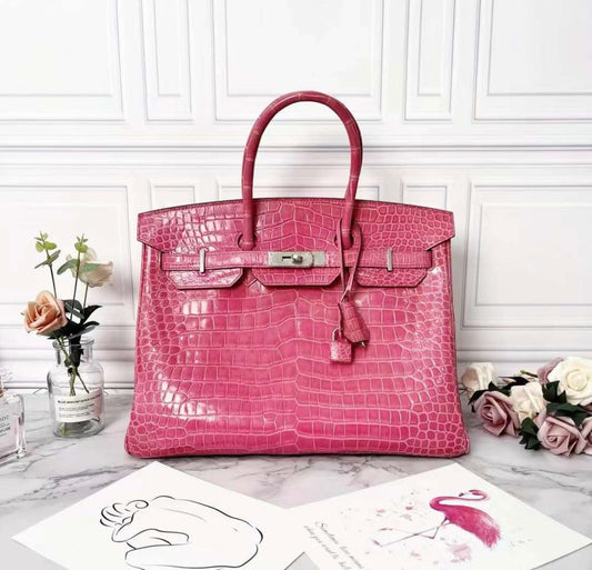 Hermes Birkin 35 Rose Pourpre Shiny Porosus Crocodile Palladium Hardware