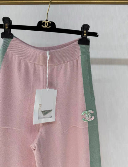 Chanel 24C pink and green cashmere wide-leg knitted pants size 34