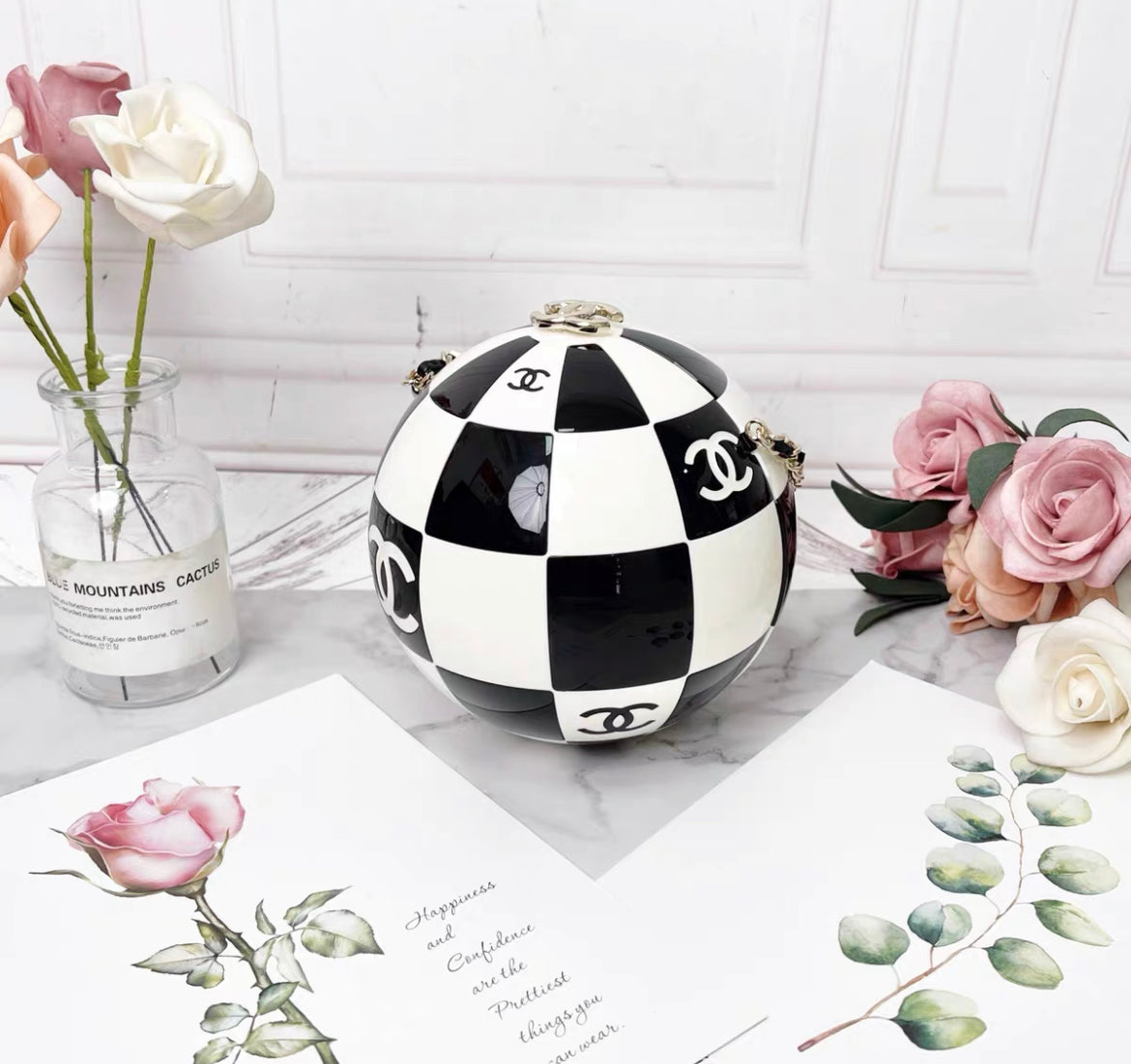 Chanel Black and White Resin and Enamel Checker Sphere Minaudiere Pale Gold Hardware, 2023