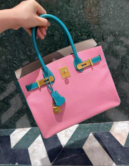 HSS Hermes Birkin 30 Rose Confetti/Etoupe/Turquoise Chevre Leather With Brushed Gold Hardware