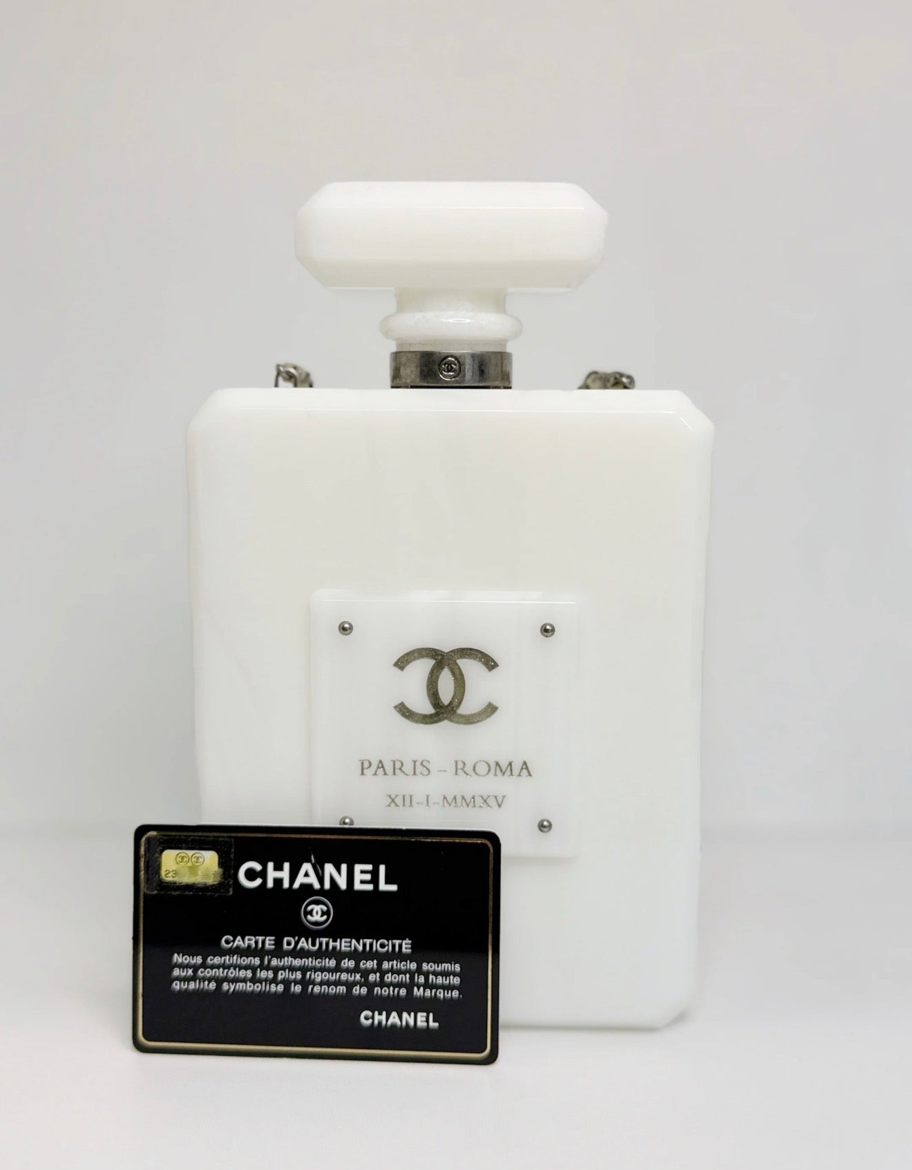 Chanel 2016 Paris-Rome White Marble No 5 Perfume Bottle Minaudiere Clutch