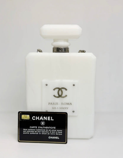 Chanel 2016 Paris-Rome White Marble No 5 Perfume Bottle Minaudiere Clutch