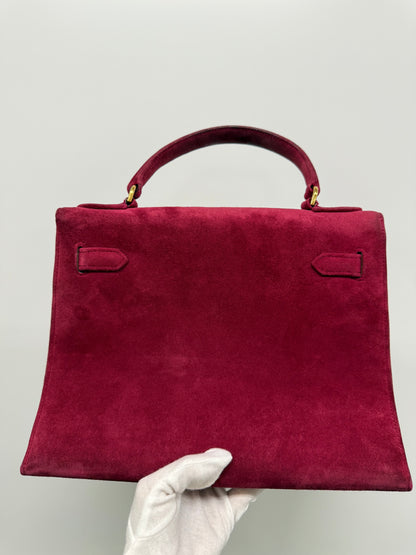 Rare Hermes Kelly 28 Pink Rose Doblis Suede leather gold hardware