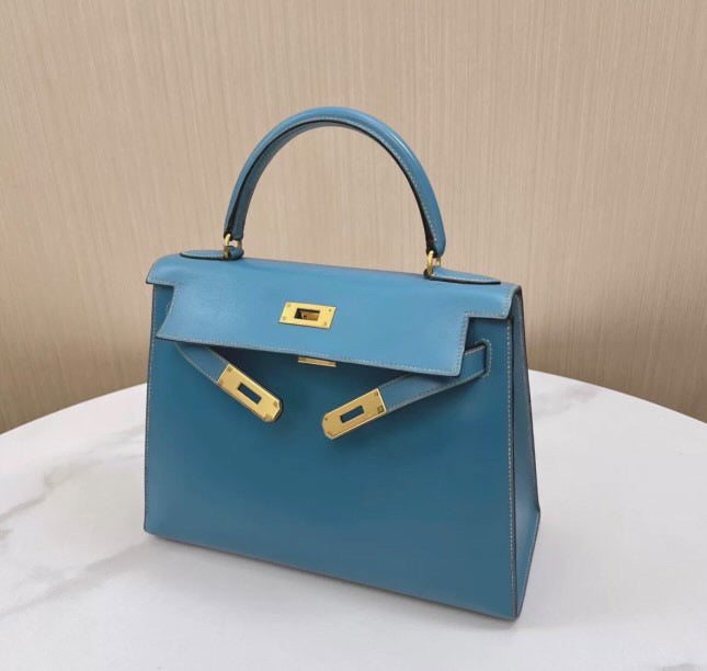 Hermès Kelly Sellier 28 Blue Box Palladium Hardware