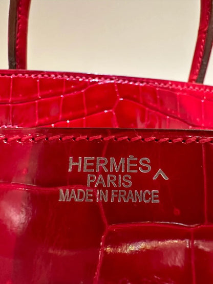 Hermès Birkin 35 Rouge Braise Shiny Porosus Crocodile 18K White Gold and Diamond Hardware