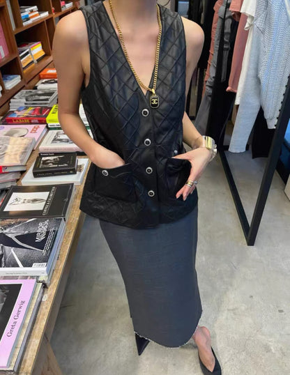 Chanel 22S Black Leather Vest F42