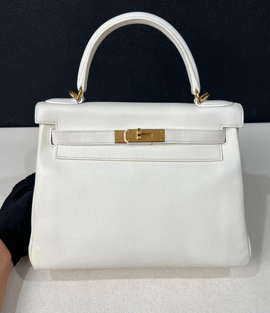 Hermes Kelly 28 white clemence gold hardware stamp Z