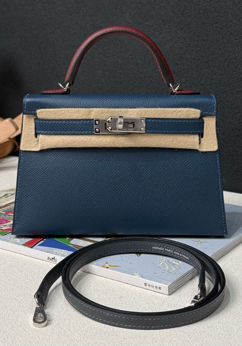 Hermes Mini Kelly 20 tricolor Blue de prusse / Rouge H / Graphite epsom palladium hardware stamp G