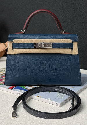 Hermes Mini Kelly 20 tricolor Blue de prusse / Rouge H / Graphite epsom palladium hardware stamp G