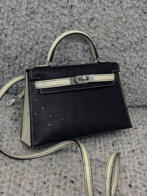 Hermes mini Kelly 20 HSS black x beton ostrich palladium hardware with contrast stitching stamp W