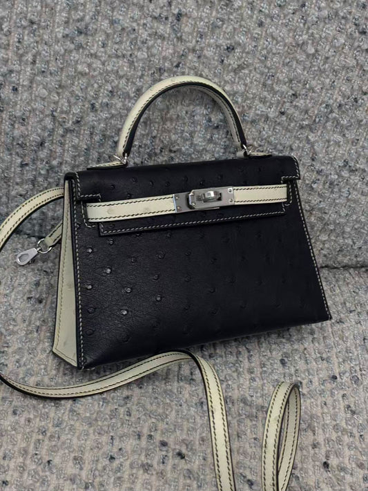 Hermes mini Kelly 20 HSS black x beton ostrich palladium hardware with contrast stitching stamp W