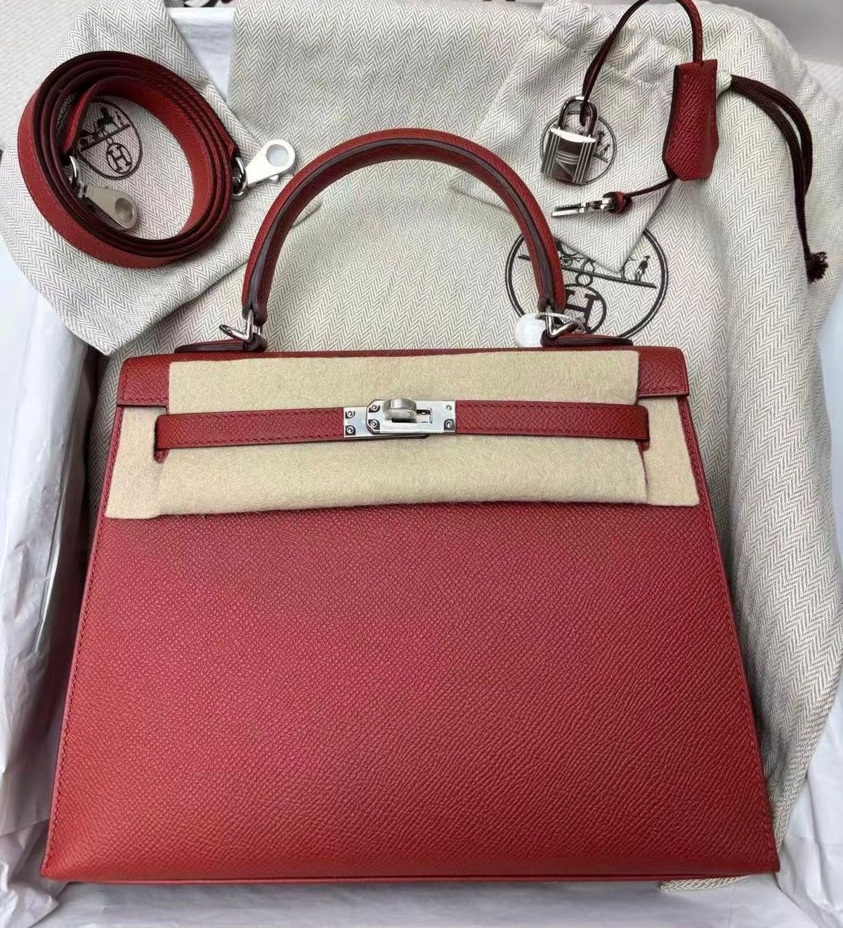 Hermes Kelly 25 Rouge Venitien Epsom Palladium hardware stamp U