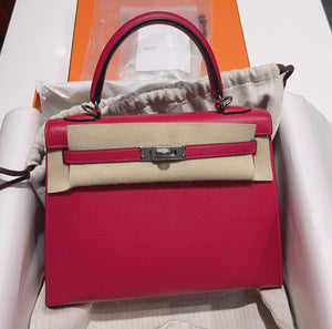 Hermes Kelly 25 Verso Rose Extreme / Bordeaux Epsom Palladium hardware stamp Z