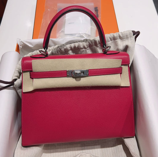 Hermes Kelly 25 Verso Rose Extreme / Bordeaux Epsom Palladium hardware stamp Z