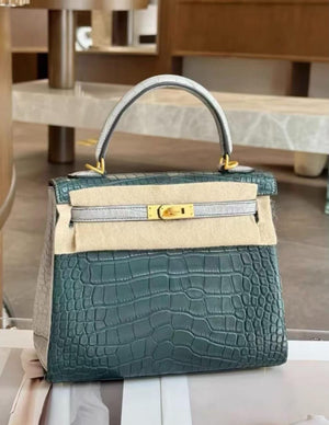 Hermes Kelly 25 HSS Vert Fonce / Gris Perle Matte Alligator Gold hardware stamp W