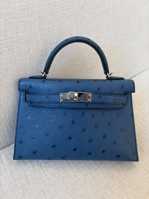 Hermes Mini Kelly 20 Bleu Roi Ostrich Palladium hardware stamp B