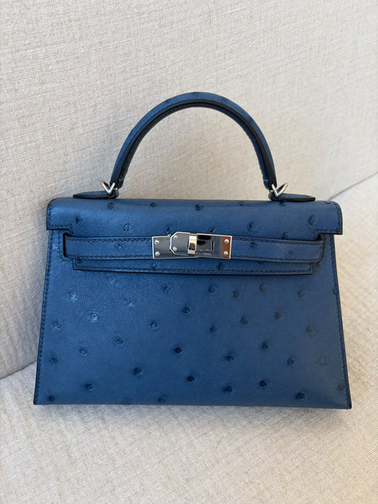 Hermes Mini Kelly 20 Bleu Roi Ostrich Palladium hardware stamp B