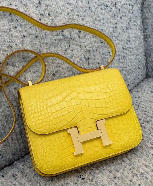 Hermes constance 18 mimosa matte alligator gold hardware stamp Y