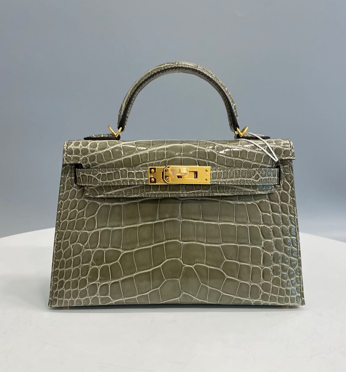 Hermes mini Kelly 20 Gris T shiny alligator gold hardware D
