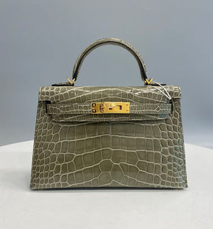 Hermes mini Kelly 20 Gris T shiny alligator gold hardware D