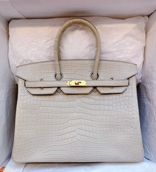 Hermes Birkin 35 Beton Matte Porosus Gold hardware stamp T