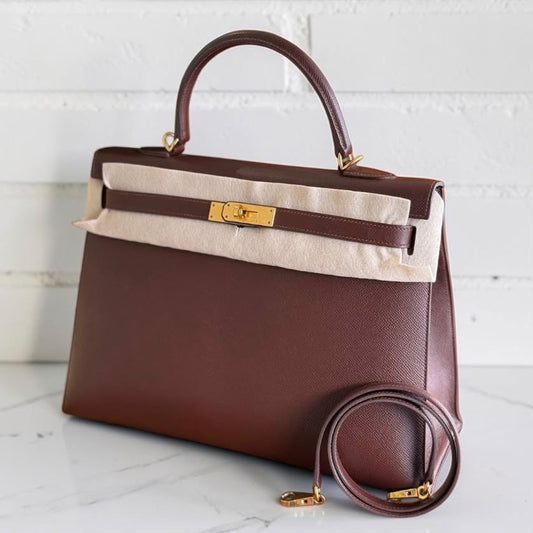 Hermes Kelly 35 Havane Epsom Gold hardware stamp P
