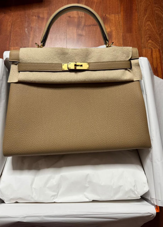 Hermes Kelly 32 Poussiere Togo Gold hardware stamp G