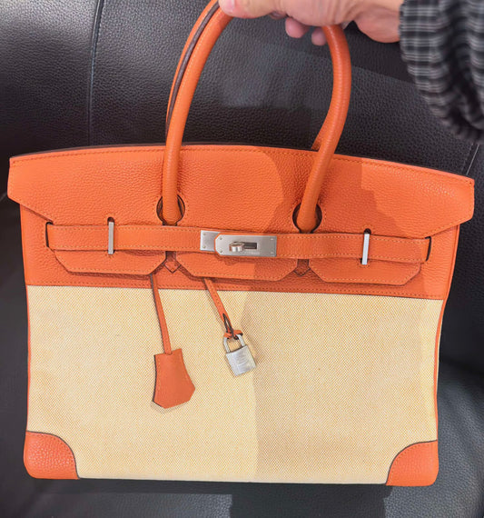Hermes Birkin 35 Orange Togo & Ecru Toile Palladium hardware stamp G square
