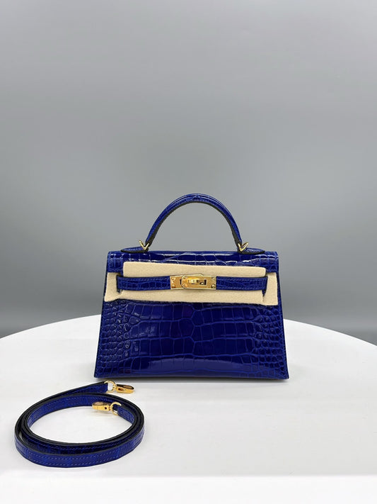 Hermes Mini Kelly 20 Bleu Electrique Shiny Alligator Gold hardware stamp A