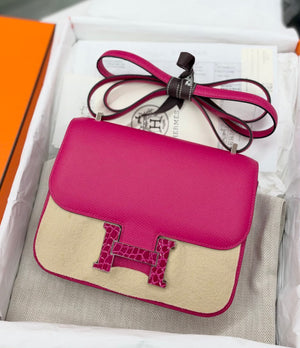 Hermes Constanse 18 Rose Mexico Epsom & Shiny Alligator Inlay Palladium hardware stamp Z