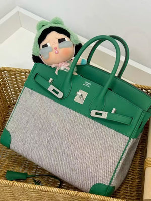 Hermes Birkin 25 Vert Vertigo Swift & Ecru Toile Palladium hardware stamp W