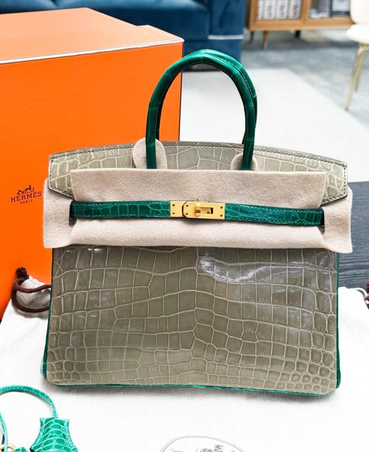 Hermes Birkin 25 Gris Tourterelle / Emeraude Shiny Niloticus Brushed gold hardware stamp C