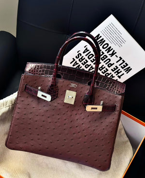 Hermes Birkin 30 Touch Bordeaux Ostrich / Shiny Alligator Palladium hardware stamp Z (rare)
